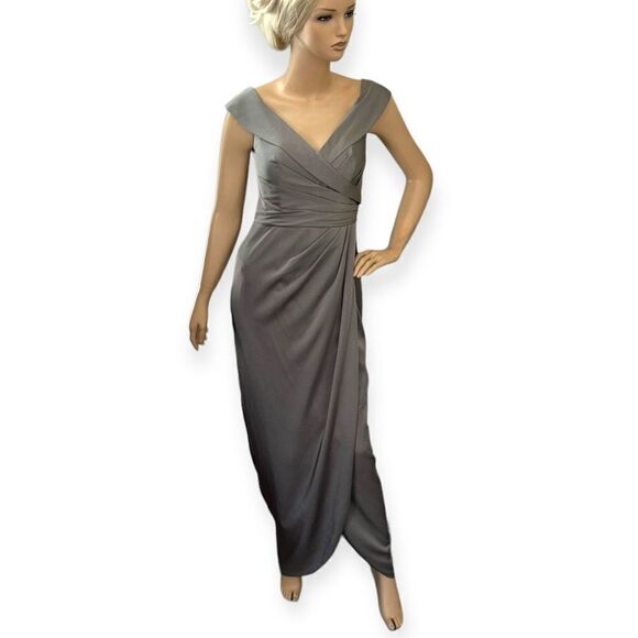LA FEMME Surplice Off The Shoulder Column Gown In Pewter Size 0 NEW - Picture 12 of 13